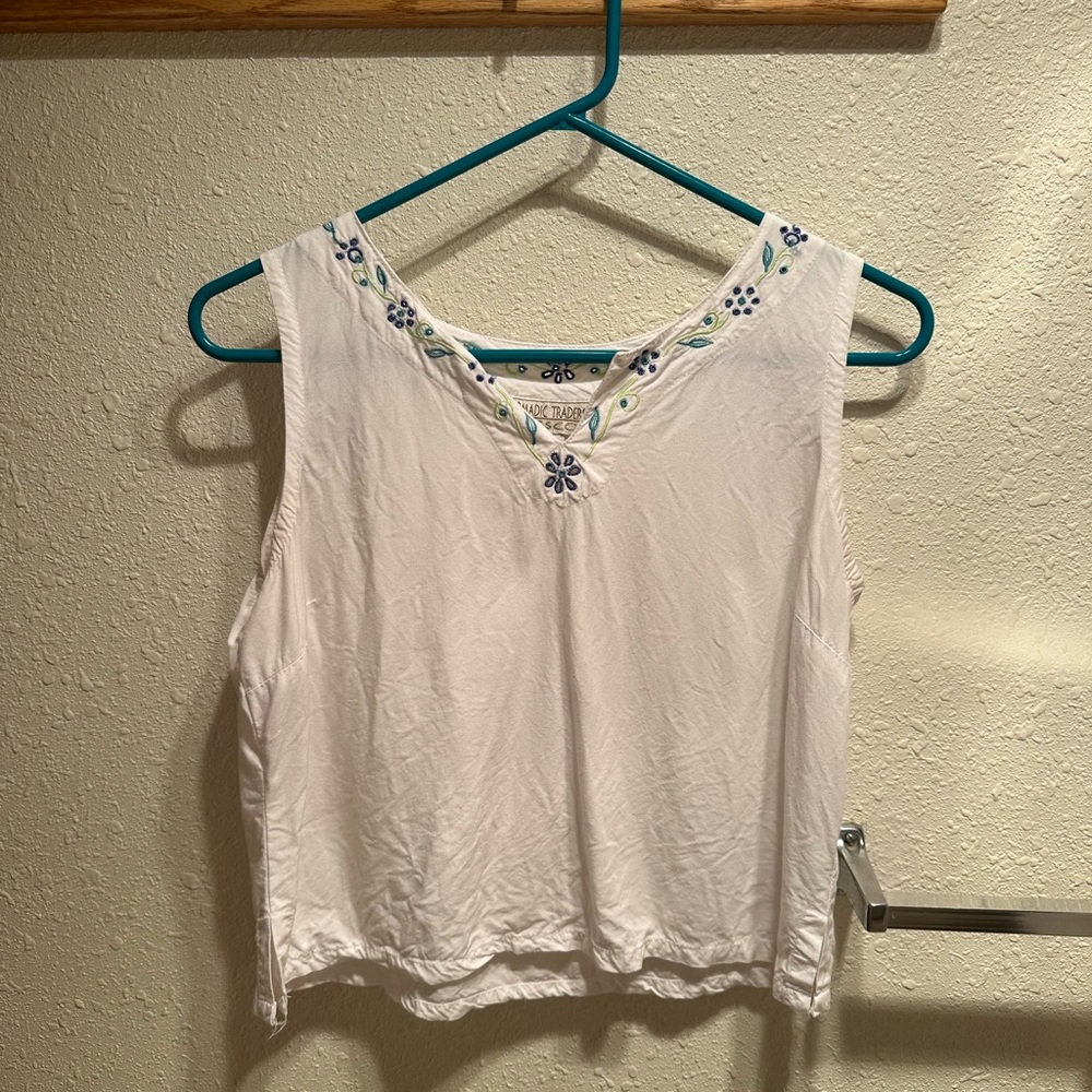 Nomadic Traders White Tank Top with Blue Embroidery